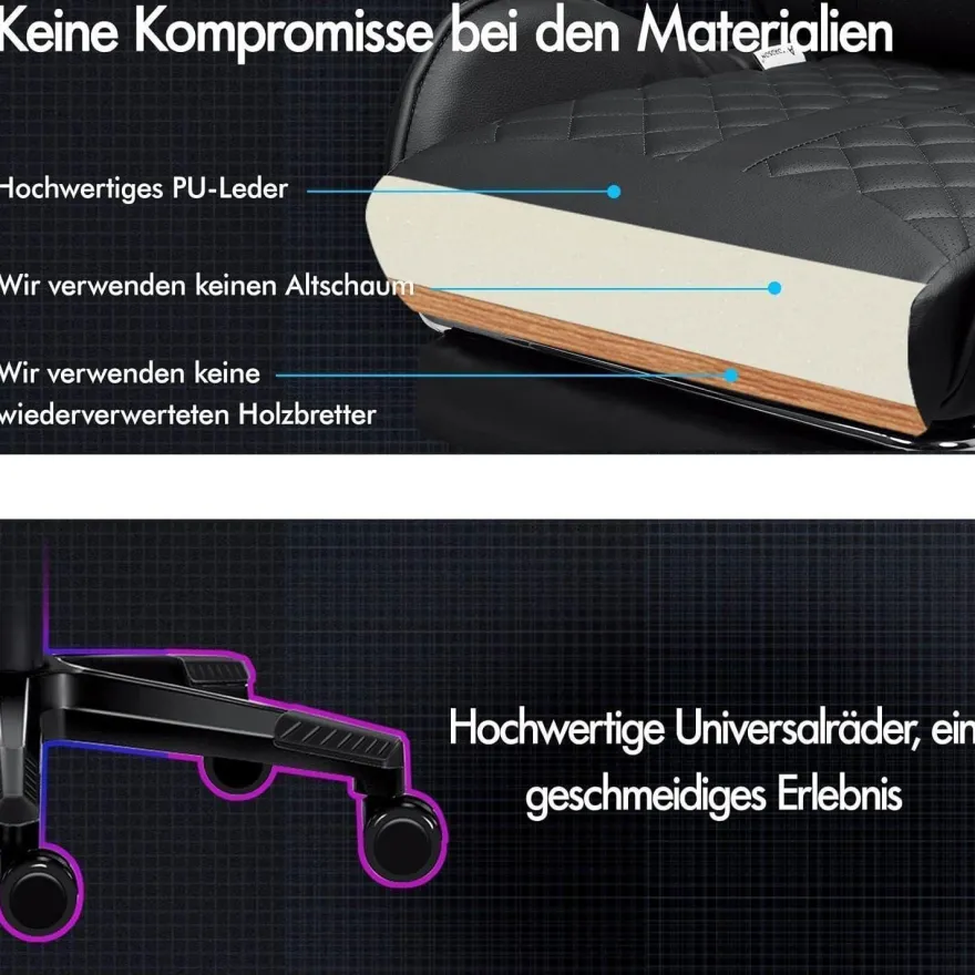 Gaming-Stuhl Alfordson mit Fußstütze Lendenkissen 150° Neigung 180 kg Schwarz