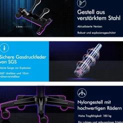 Gaming-Stuhl Alfordson mit Fußstütze Lendenkissen 150° Neigung 180 kg Schwarz