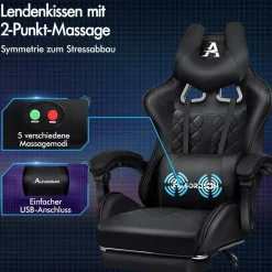 Gaming-Stuhl Alfordson mit Fußstütze Lendenkissen 150° Neigung 180 kg Schwarz