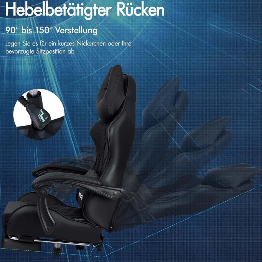 Gaming-Stuhl Alfordson mit Fußstütze Lendenkissen 150° Neigung 180 kg Schwarz
