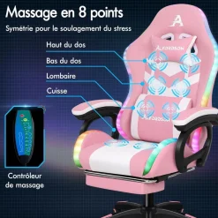 Gaming Stuhl Massage RGB LED Bürostuhl Ergonomisch mit Kopfstütze Lendenkissen