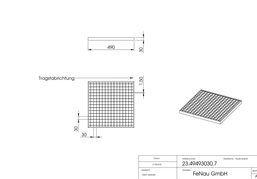 Garagen-Gitterrost | Maße: 490x490x30 mm 30/30 mm | aus S235JR (St37-2), im Vollbad