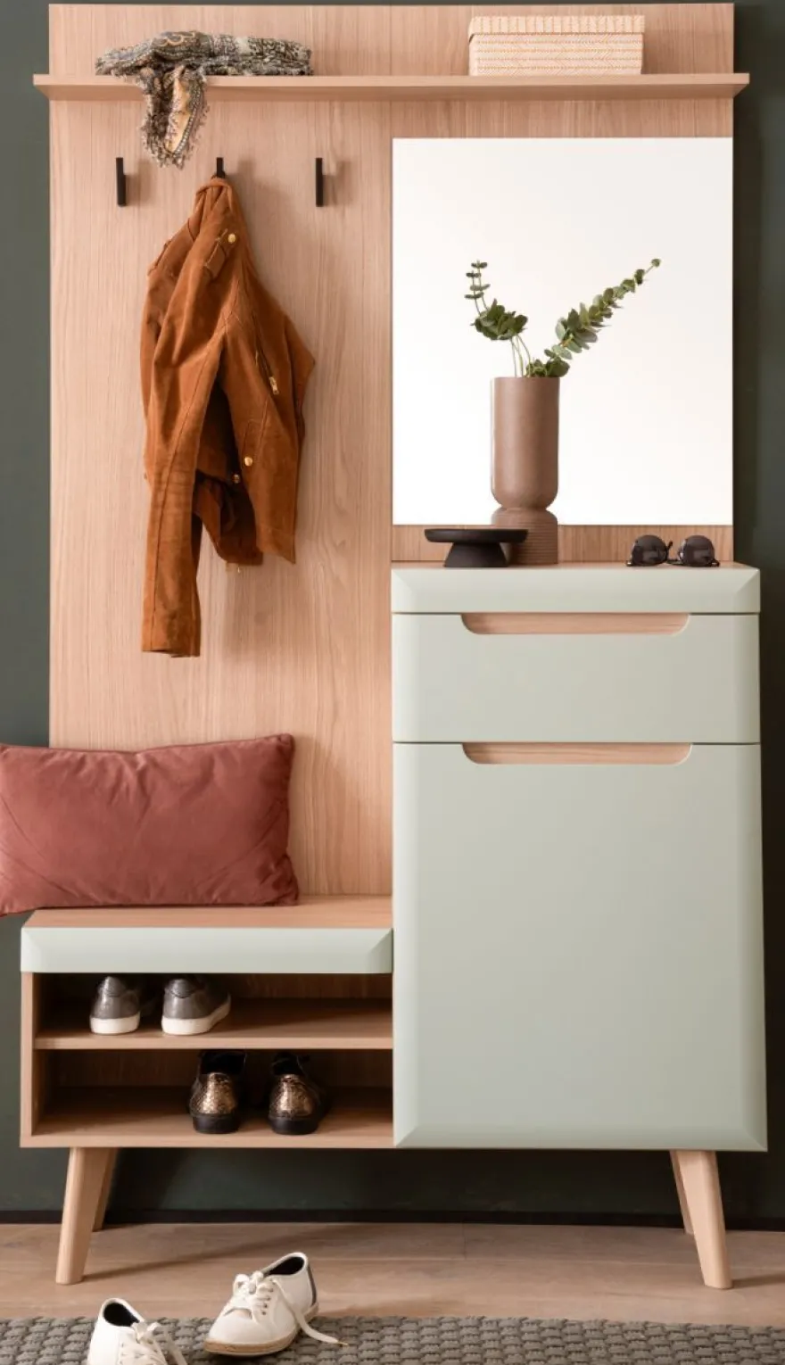 Garderobe Flurgarderobe in Pistazie Eiche Flur Möbel Set 3-tlg. mit Sideboard Isgard
