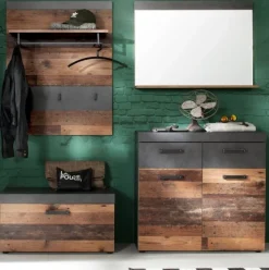 Garderobe Flur Garderoben-Set Old Used Wood Bank Kommode Paneel Spiegel Shabby Indy
