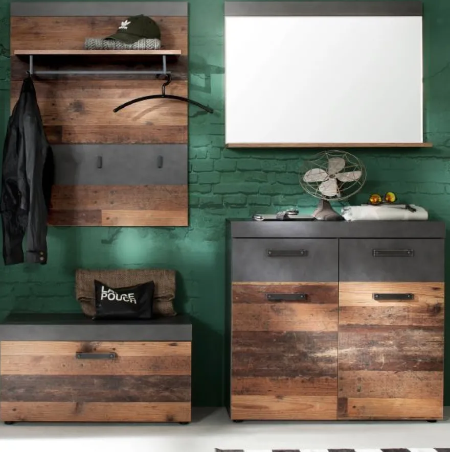 Garderobe Flur Garderoben-Set Old Used Wood Bank Kommode Paneel Spiegel Shabby Indy