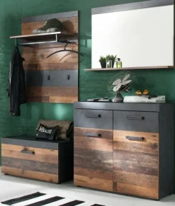 Garderobe Flur Garderoben-Set Old Used Wood Bank Kommode Paneel Spiegel Shabby Indy