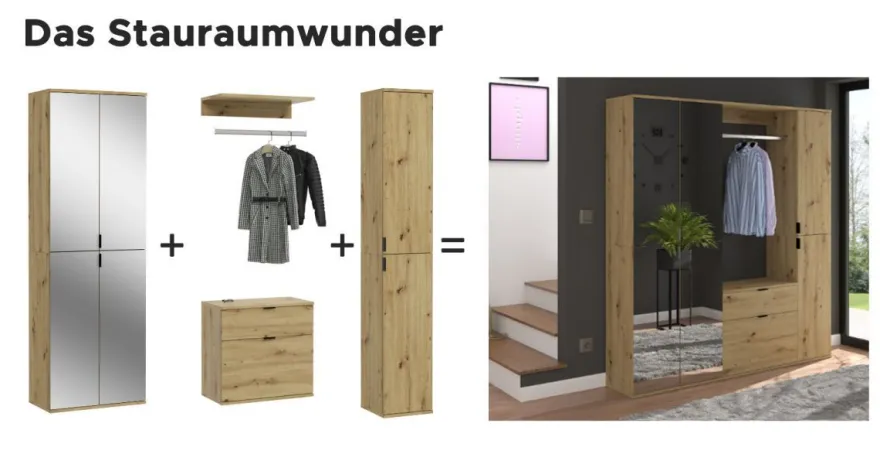 Garderobenschrank Schuhschrank Eiche mit Spiegel 6 Türen Mehrzweckschrank Line-Up