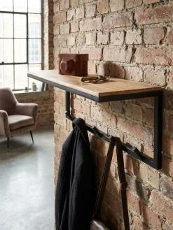 Garderobe Wand Holz und Metall mit Hakenleiste und Ablagefläche 70 cm breit