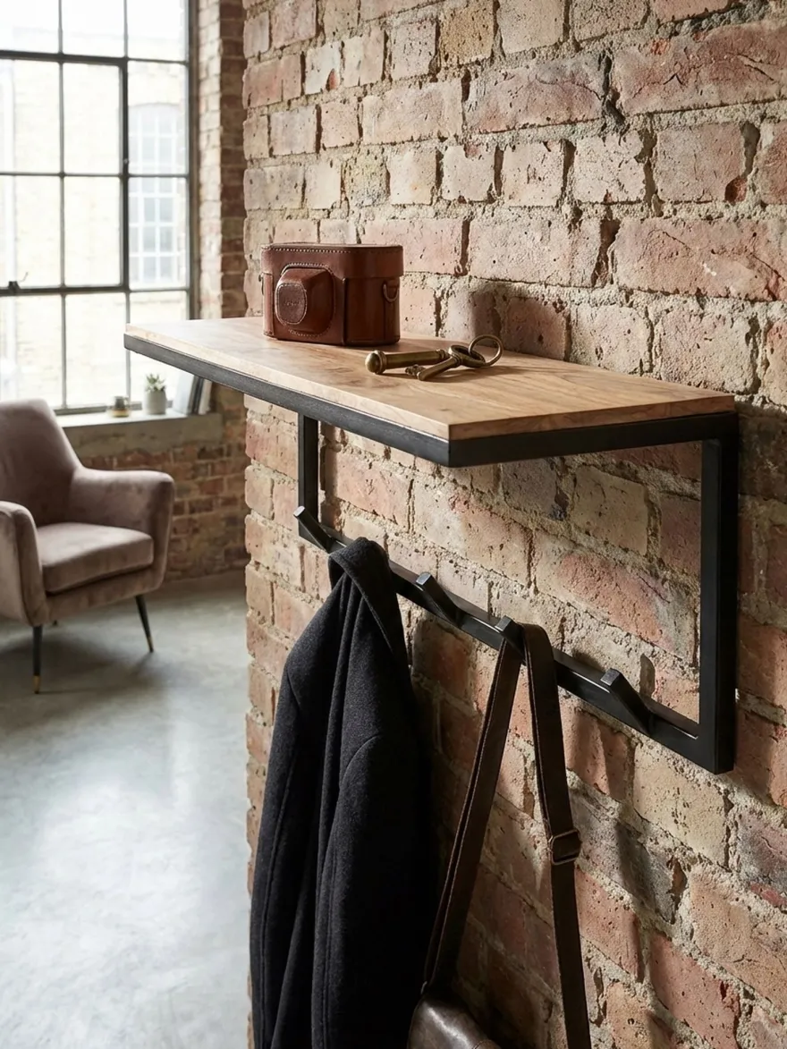 Garderobe Wand Holz und Metall mit Hakenleiste und Ablagefläche 70 cm breit