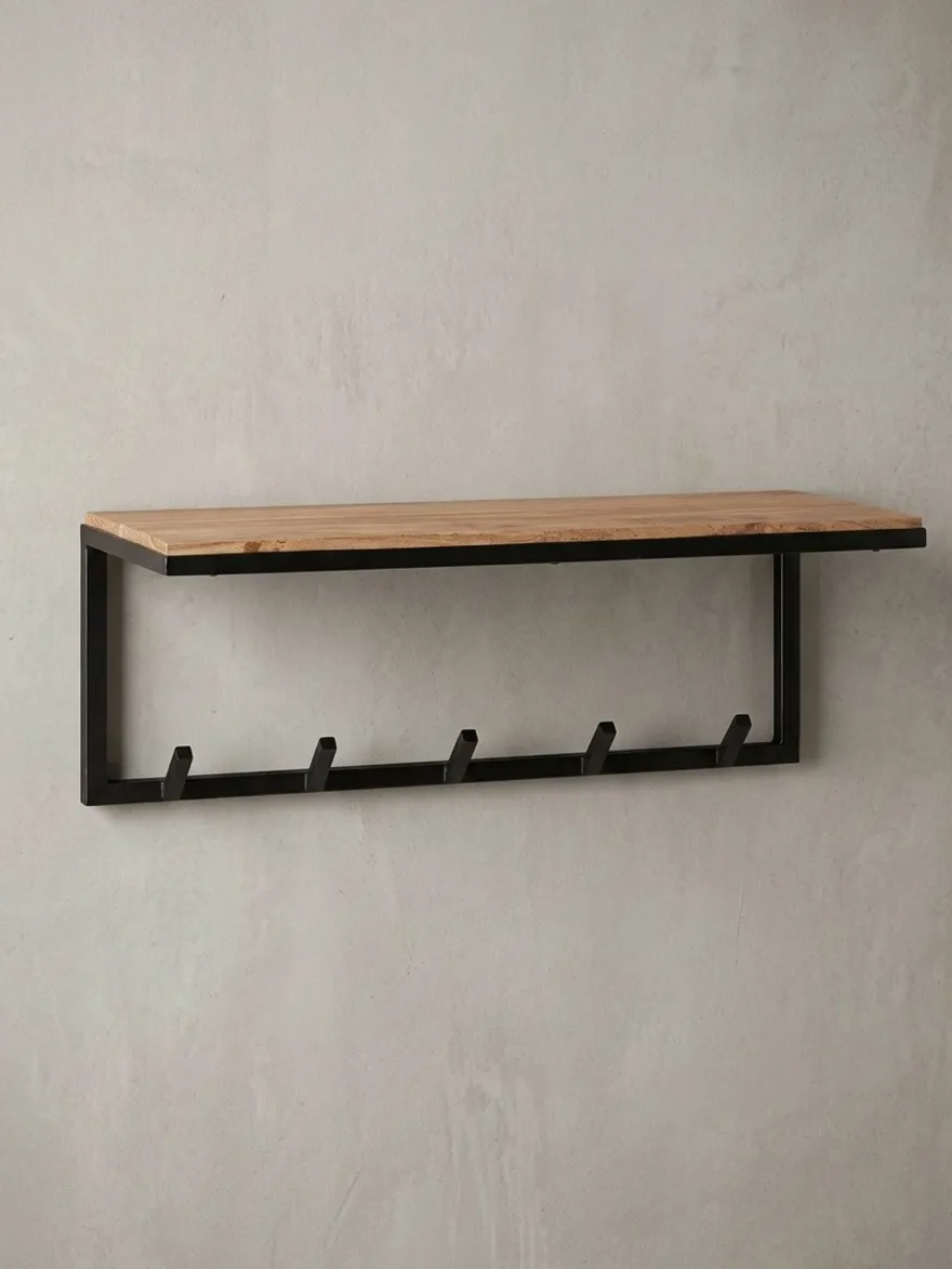 Garderobe Wand Holz und Metall mit Hakenleiste und Ablagefläche 70 cm breit
