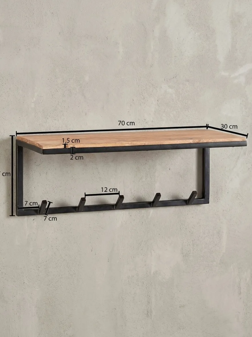 Garderobe Wand Holz und Metall mit Hakenleiste und Ablagefläche 70 cm breit