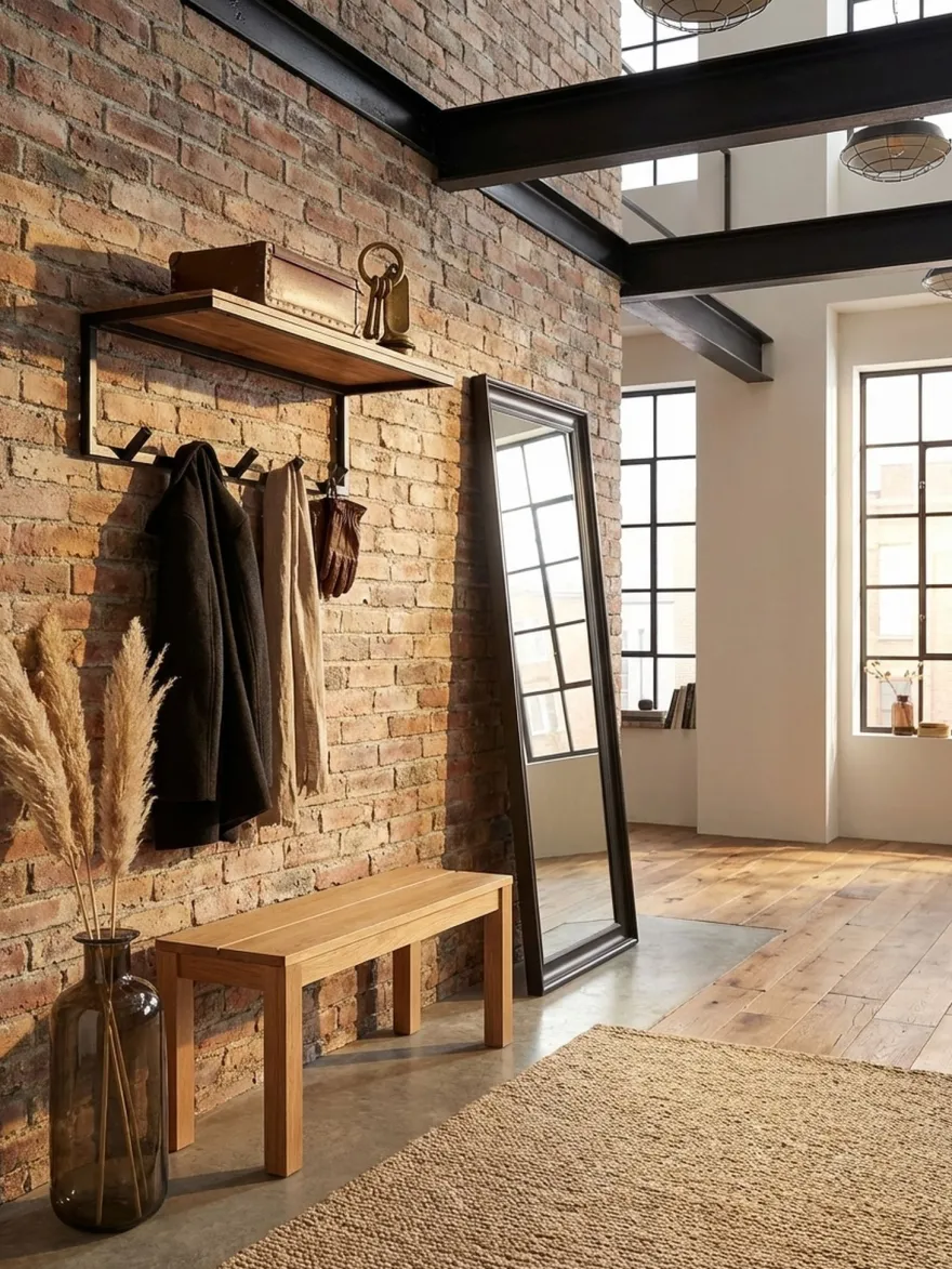 Garderobe Wand Holz und Metall mit Hakenleiste und Ablagefläche 70 cm breit