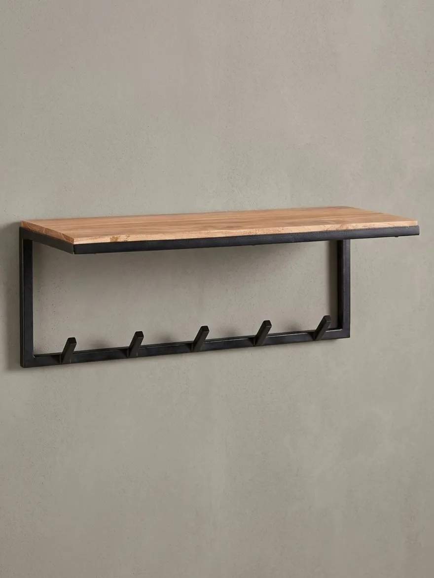 Garderobe Wand Holz und Metall mit Hakenleiste und Ablagefläche 70 cm breit