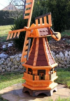 Gartenwindmühle Holz Optional mit Solarlicht - weiß, drehbar, 99 cm