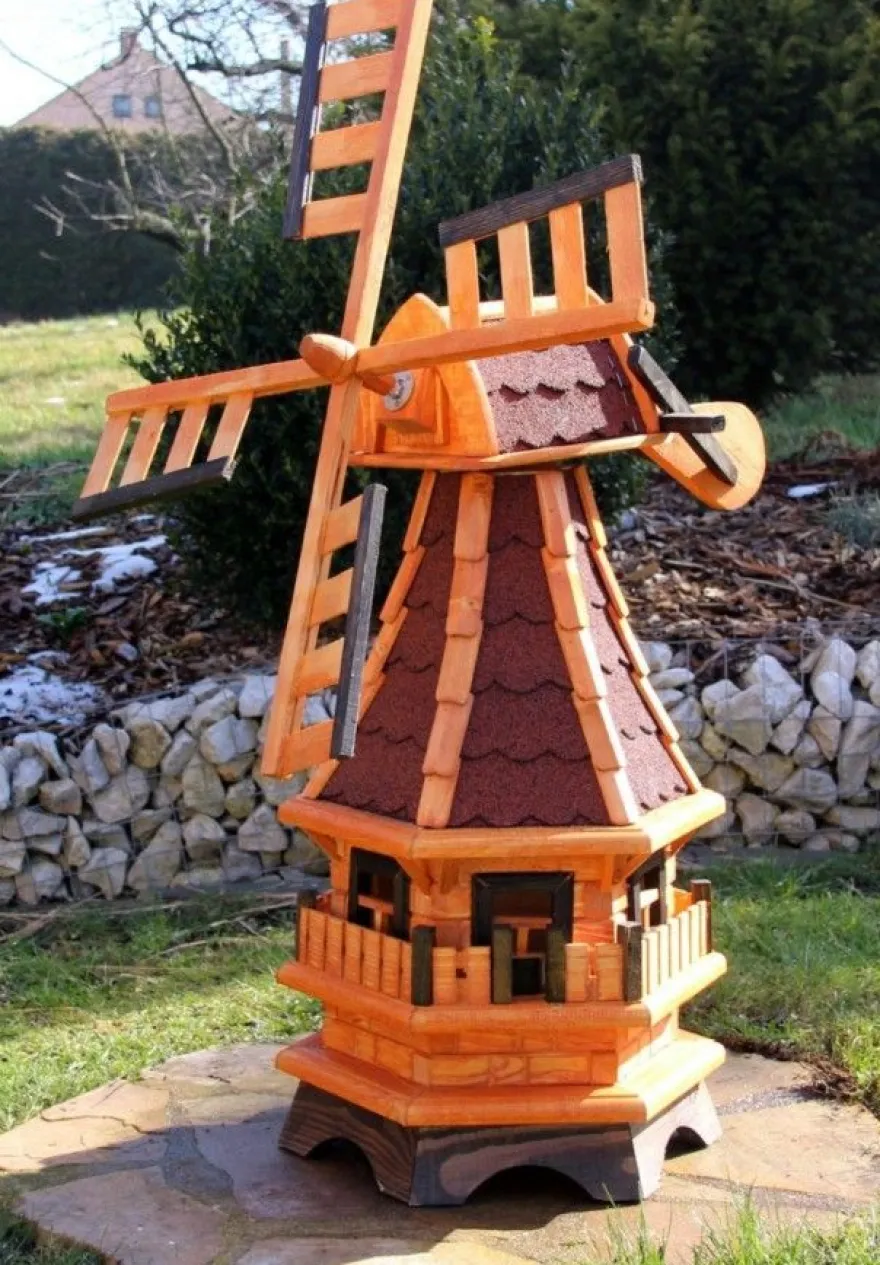 Gartenwindmühle Holz Optional mit Solarlicht - weiß, drehbar, 99 cm