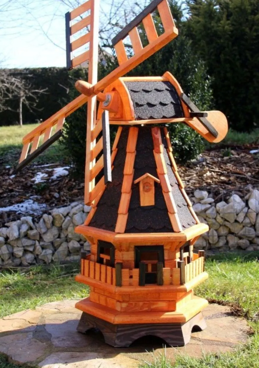 Gartenwindmühle Holz Optional mit Solarlicht - weiß, drehbar, 99 cm