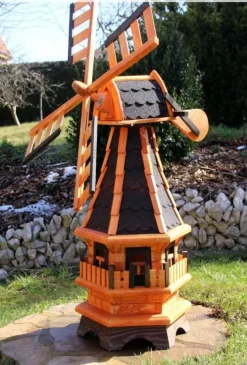 Gartenwindmühle Holz Optional mit Solarlicht - weiß, drehbar, 99 cm