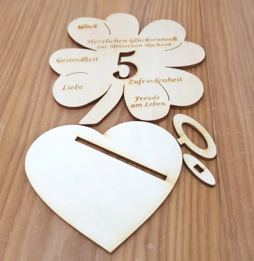 Geldgeschenk zum 5. Hochzeitstag mit Wunschtext Holz 11cm Kleeblatt Hölzerne