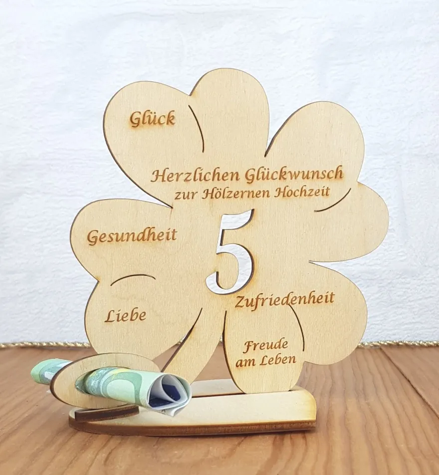 Geldgeschenk zum 5. Hochzeitstag mit Wunschtext Holz 11cm Kleeblatt Hölzerne