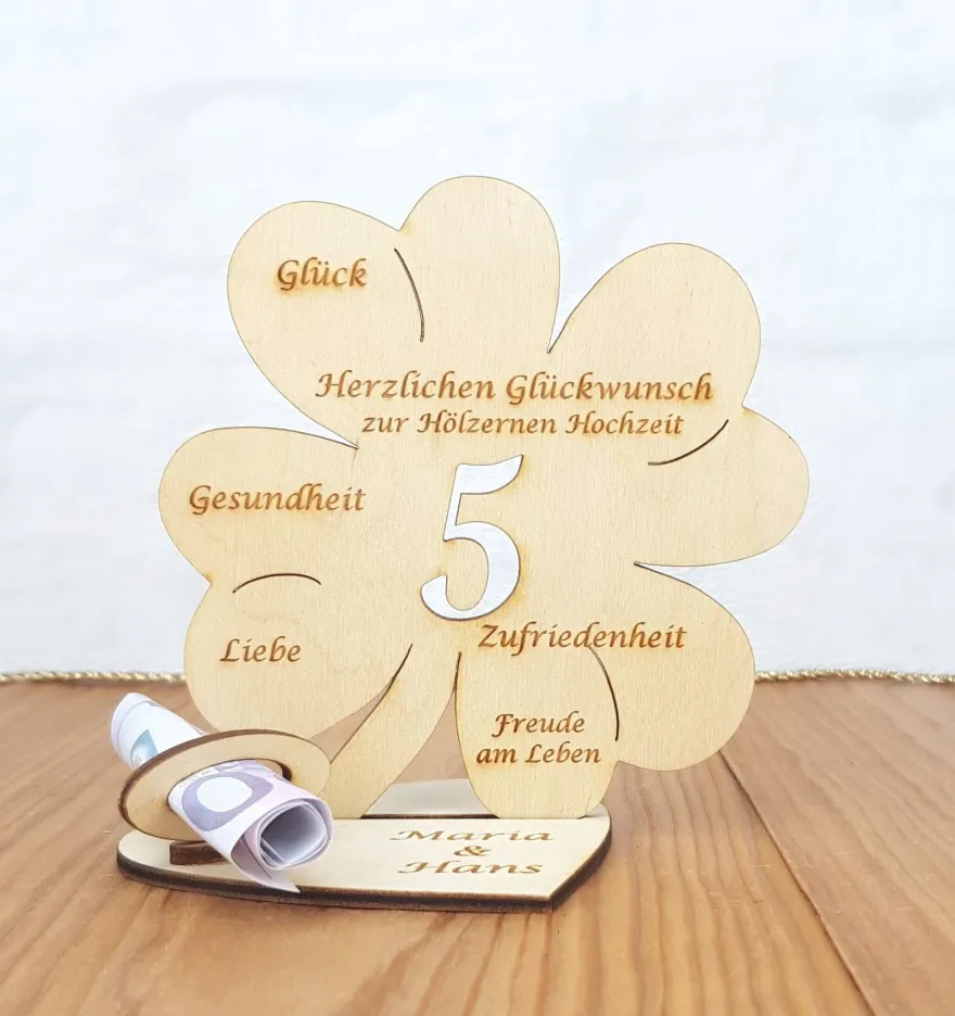 Geldgeschenk zum 5. Hochzeitstag mit Wunschtext Holz 11cm Kleeblatt Hölzerne