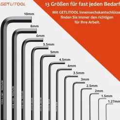 Getlitool Innensechskant Satz 13tlg mit Kugelkopf 1,27mm-10mm, Cr-V-Stahl
