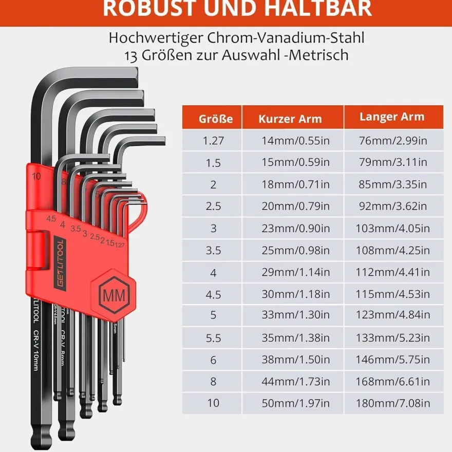 Getlitool Innensechskant Satz 13tlg mit Kugelkopf 1,27mm-10mm, Cr-V-Stahl