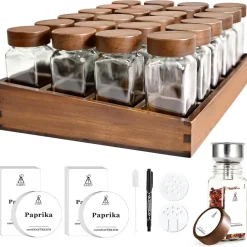 Gewürzregal Bambus Holz 24 Fächer 120ml-Gläser Organizer Etiketten Ständer