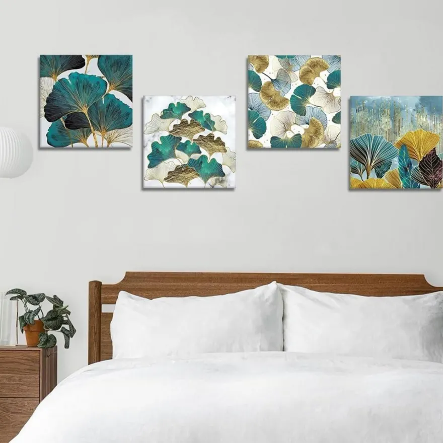 Ginkgo Biloba Blätter Leinwandbilder Modern Wandbild 30x30cm 4-teilig