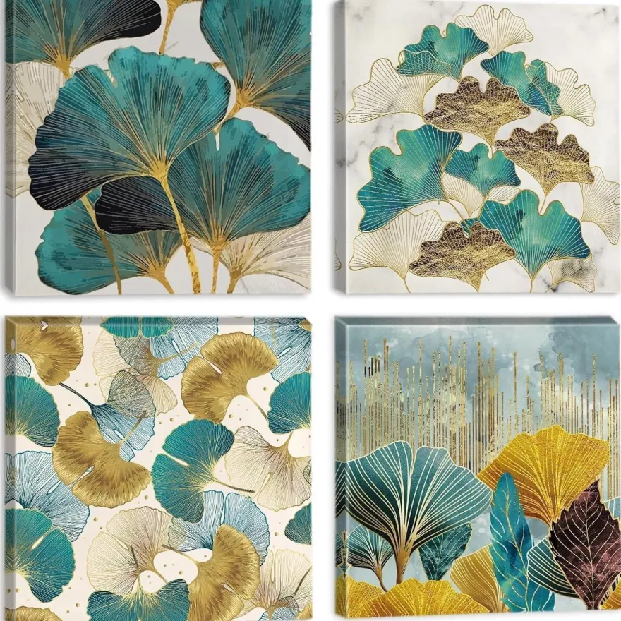 Ginkgo Biloba Blätter Leinwandbilder Modern Wandbild 30x30cm 4-teilig