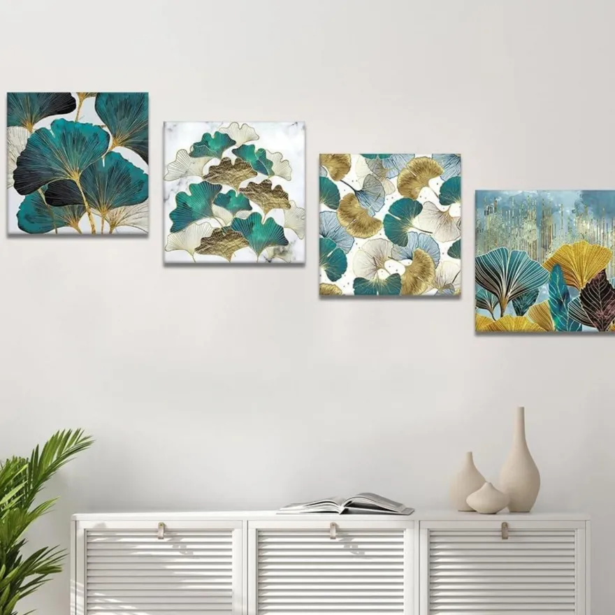 Ginkgo Biloba Blätter Leinwandbilder Modern Wandbild 30x30cm 4-teilig