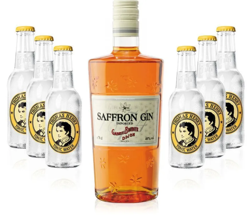 Gin Tonic Set - Saffron Gin 0,7l 700ml (40% Vol) + 6x Thomas Henry Tonic Water
