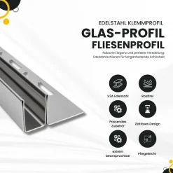 Glas-Fliesenprofil Edelstahl Klemmprofil Wandprofil V2A 2m H19mm