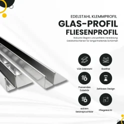 Glas-Fliesenprofil Edelstahl Klemmprofil Wandprofil V2A 2m H19mm