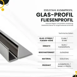 Glas-Fliesenprofil Edelstahl Klemmprofil Wandprofil V2A 2m H19mm
