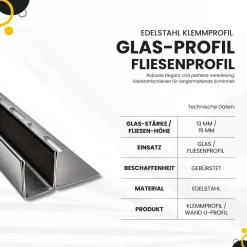 Glas-Fliesenprofil Edelstahl Klemmprofil Wandprofil V2A 2m H19mm