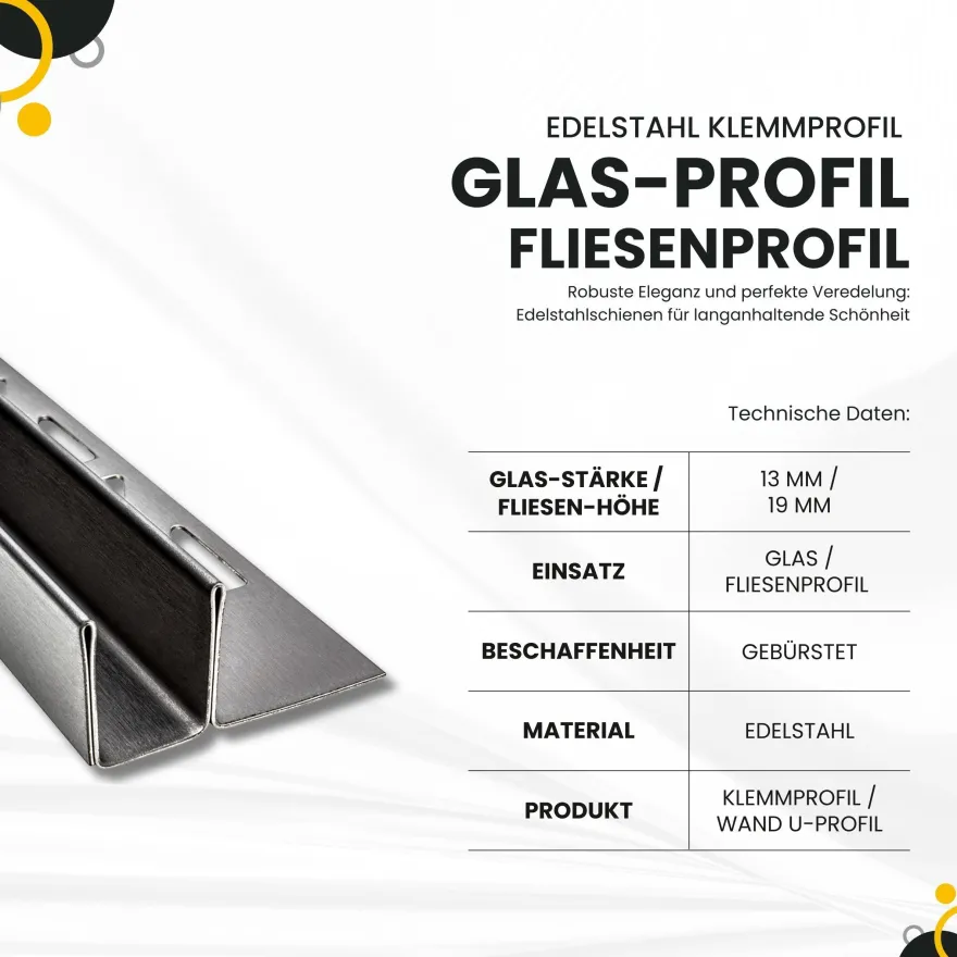 Glas-Fliesenprofil Edelstahl Klemmprofil Wandprofil V2A 2m H19mm