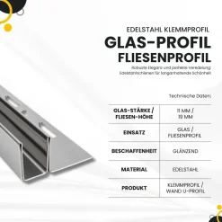 Glas-Fliesenprofil Edelstahl Klemmprofil Wandprofil V2A 2m H19mm
