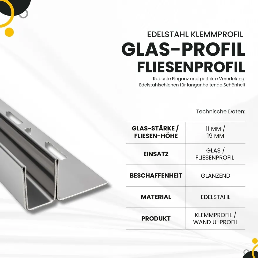 Glas-Fliesenprofil Edelstahl Klemmprofil Wandprofil V2A 2m H19mm