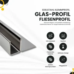 Glas-Fliesenprofil Edelstahl Klemmprofil Wandprofil V2A 2m H19mm