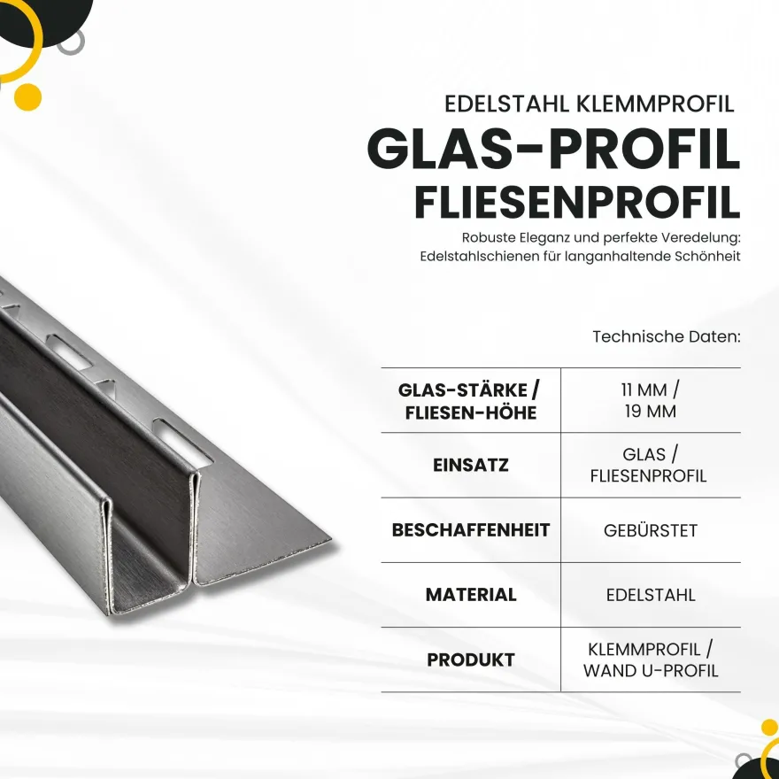 Glas-Fliesenprofil Edelstahl Klemmprofil Wandprofil V2A 2m H19mm