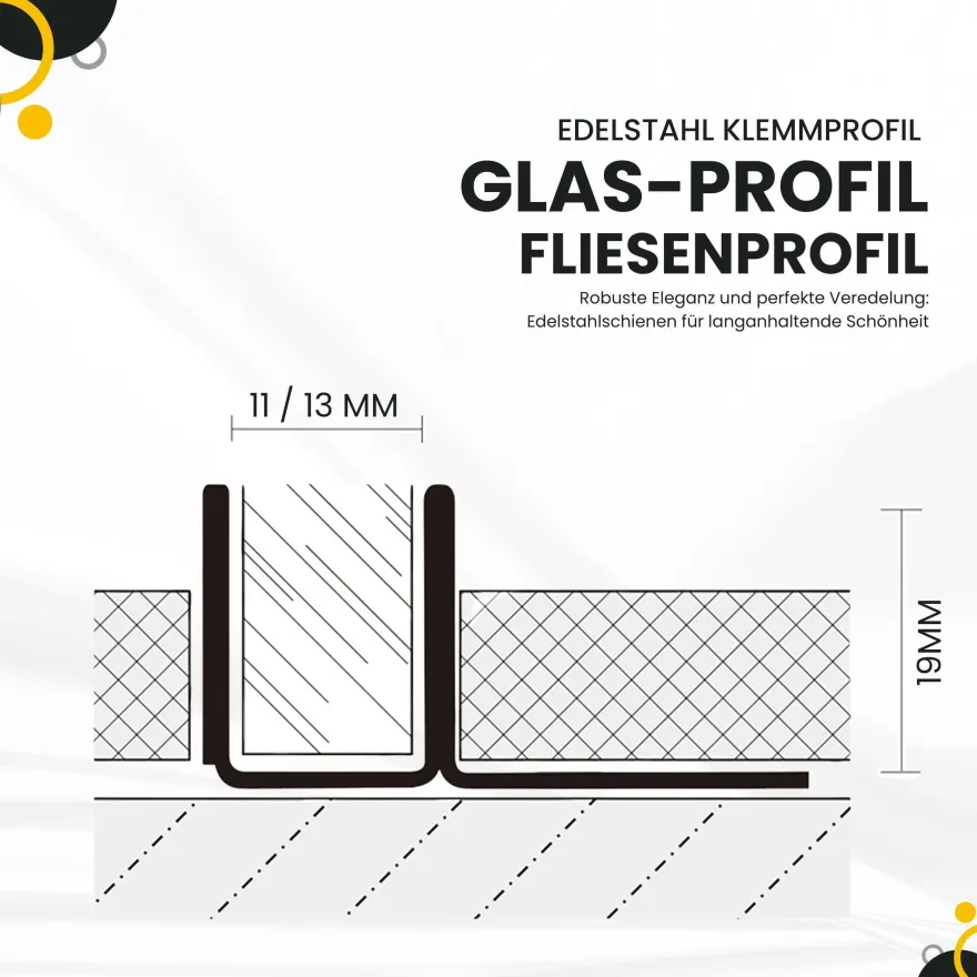 Glas-Fliesenprofil Edelstahl Klemmprofil Wandprofil V2A 2m H19mm