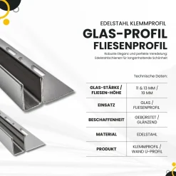 Glas-Fliesenprofil Edelstahl Klemmprofil Wandprofil V2A 2m H19mm