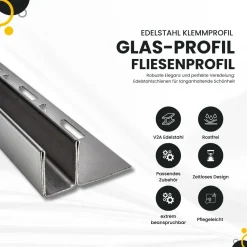 Glas-Fliesenprofil Edelstahl Klemmprofil Wandprofil V2A 2m H19mm