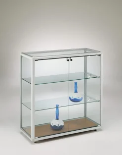 Glasvitrine Theke BT halbhoch Glas Alu 2-türig abschließbar 100 cm Füße-Spiegel