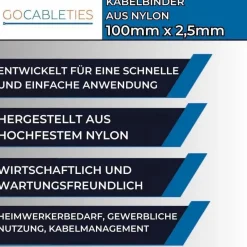 Gocableties Kabelbinder Gelb, 100 Stück, 100 mm x 2,5 mm, 8,1 kg Zugfestigkeit