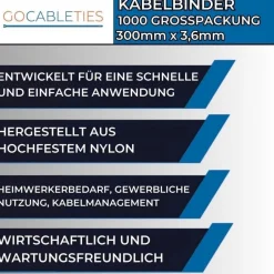 Gocableties Kabelbinder 1000 Stück, Weiß/Naturfarben Transparent, 300 mm x 3,6