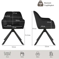 Goeurvant Drehstuhl Esszimmer 2er Set Schwarz mit Armlehne, Polsterstuhl Samt