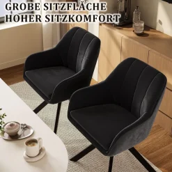 Goeurvant Drehstuhl Esszimmer 2er Set Schwarz mit Armlehne, Polsterstuhl Samt