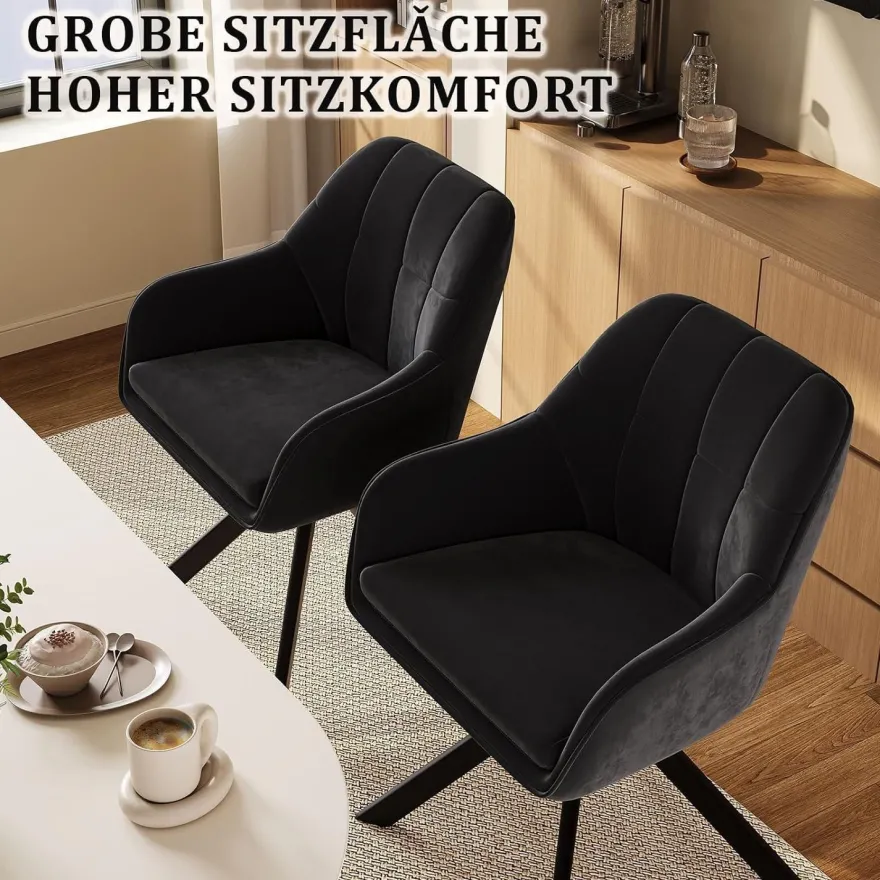 Goeurvant Drehstuhl Esszimmer 2er Set Schwarz mit Armlehne, Polsterstuhl Samt