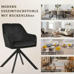 Goeurvant Drehstuhl Esszimmer 2er Set Schwarz mit Armlehne, Polsterstuhl Samt
